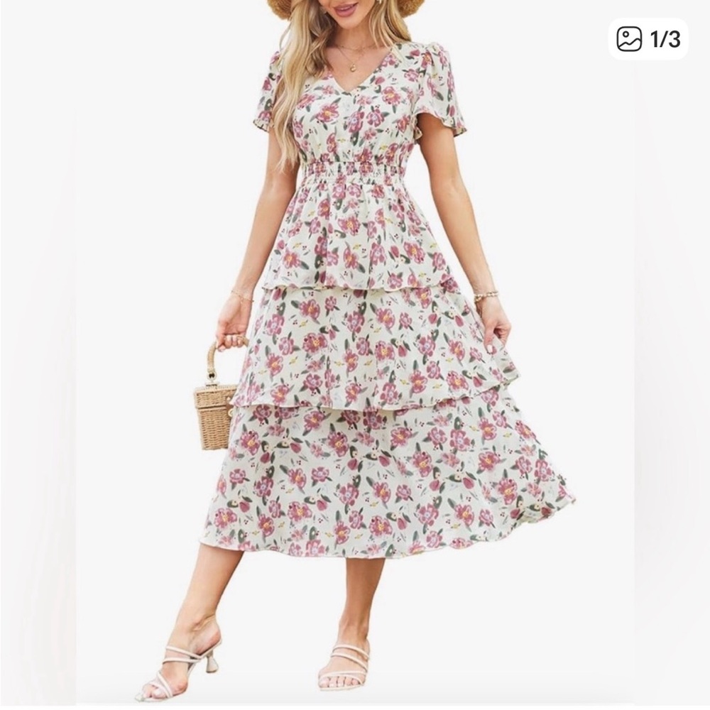 Grace Karin Floral Tiered Midi Dress - White/Pink